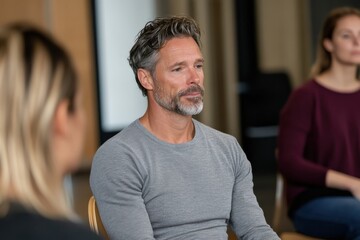 Fototapeta premium A reflective man engages in a thoughtful group meeting, embodying calmness and attentiveness as he shares his insights with peers in a collaborative environment.