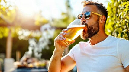 Man smiling while holding cold beer and taking sip of foamy drink in sunlit backyard with smoking grill in background and enjoying summer picnic