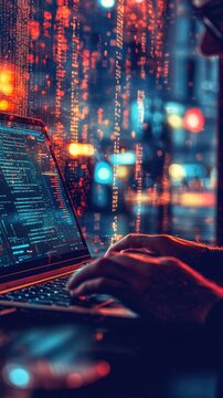 Cybersecurity Coder in Action: Hands Typing Code on Laptop with Futuristic Digital Display