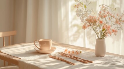 A minimalistic Valentine's Day brunch setting featuring a cup, saucer, cutlery, and a vase with pink flowers on a light tablecloth