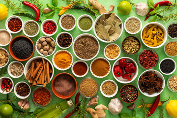 A colorful assortment of fresh, fragrant spices and herbs displayed on a soft green background, capturing a vibrant culinary essence