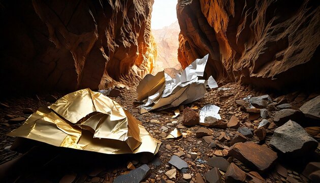 titanium and gold rocks in the mountains, cave 