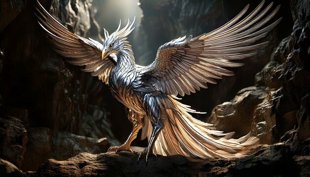 a phenix in the mountains, silver and gold