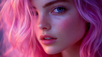 Fototapeta premium woman with pink hair and freckles on her face