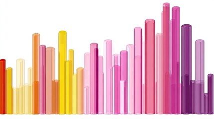 Obraz premium Colorful translucent cylinders form a visually appealing abstract bar graph. Ideal for data visualization presentations or modern website design elements.