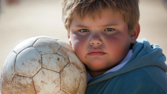 A close-up of an overweight child holding a worn soccer ball, with a serious expression and a dusty background