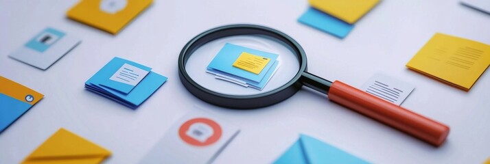 Magnifying glass over document icons on white background, video thumbnail for animated video about the complex world of information security, digital security and privacy concept.