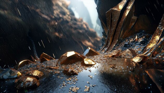 titanium and gold rocks in the mountains, cave, water