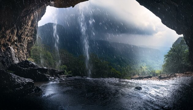 heavy rain in a mountain cave