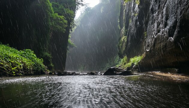 heavy rain in a cave in the forest