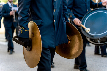 Band musicians with their instruments on the street. Typical music bands in Spain.