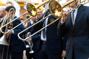 Fototapeta premium Band musicians with their instruments on the street. Typical music bands in Spain.