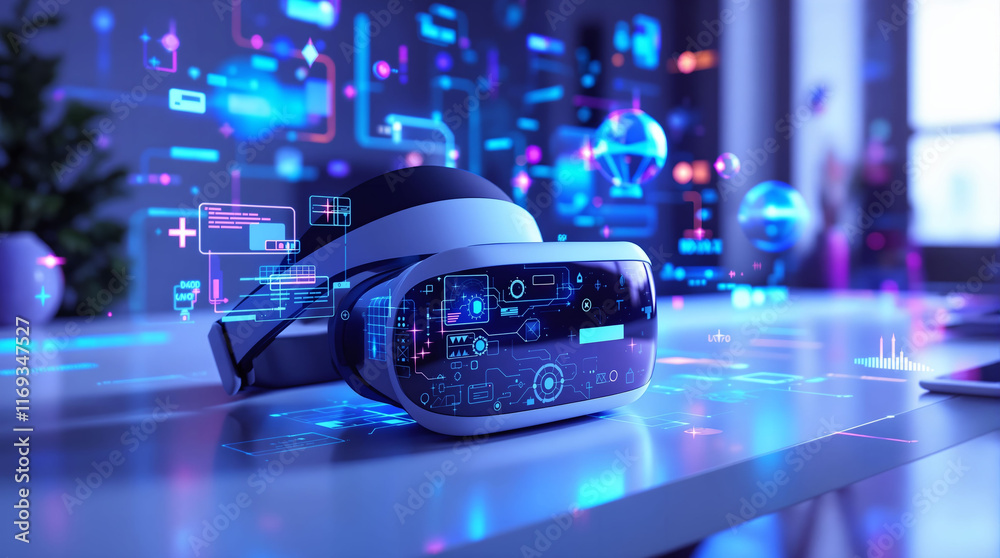 Aufkleber virtual reality headset placed on a table with various digital elements and lights in the background, creating a futuristic and immersive scene.