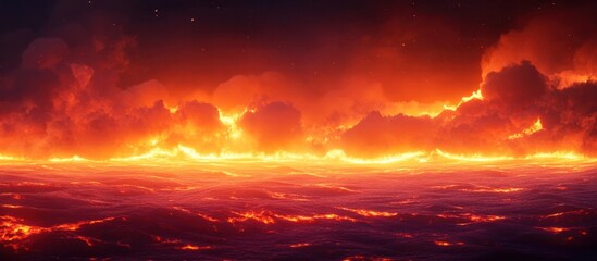 Dramatic and Apocalyptic Scene of an Intense Inferno Engulfing the Horizon with Roaring Flames Scorching Heat and Turbulent Clouds of Smoke and Ash