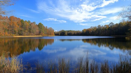 Autumn foliage reflected in calm lake water.