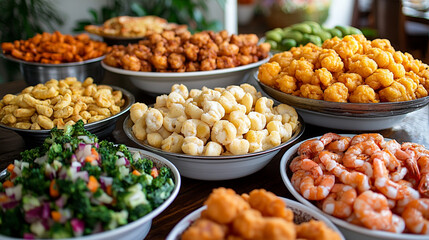 Variety of colorful snacks and seafood arranged on a table for a festive gathering