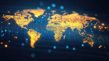 A digital world map with glowing nodes and connections visualizing global networks and data flow. Ideal for technology presentations or website banners.