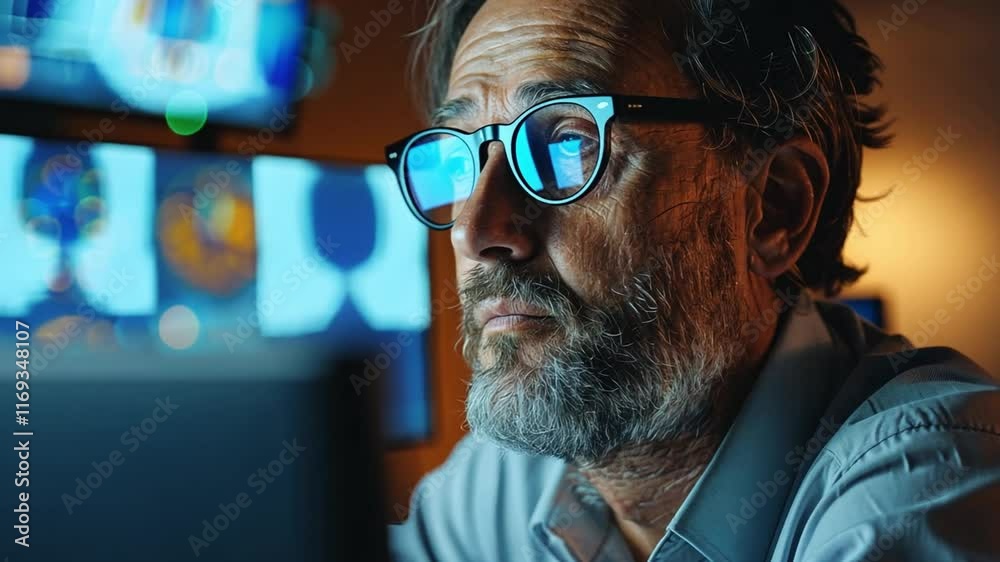 Aufkleber a professional with glasses closely studies complex data on multiple screens, surrounded by a sleek,