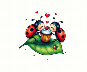Fototapeta premium Whimsical ladybugs share a delightful cupcake on a vibrant green leaf amidst floating hearts