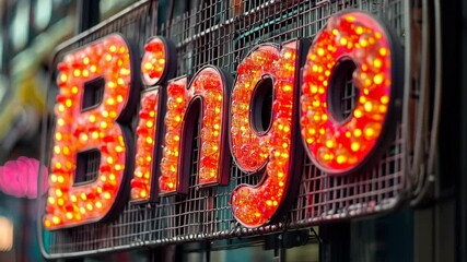 Bright lights announce a lively bingo game at the community center during a fun evening