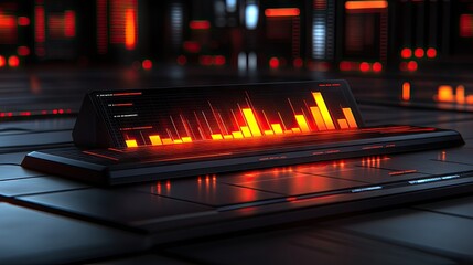 A futuristic display shows a glowing orange bar graph indicating rising data. Ideal for visualizing stock market trends, network activity, or any data analysis application.