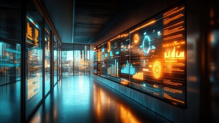 Futuristic hallway with glowing digital dashboards displaying data analytics and system information. Ideal for technology presentations sci-fi films or data center visualizations.