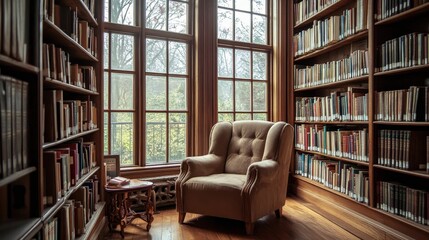 Cozy armchair, bookshelves, window, wood floor, quiet reading nook.