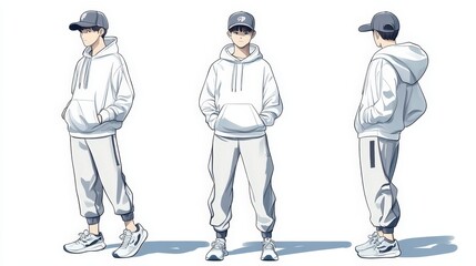 Anime Boy Poses in White Hoodie and Grey Pants
