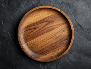 Elegant Round Wooden Plate on Dark Textured Background, Perfect for Food Presentation, Serving Dishes, and Rustic Table Setup in Stylish Culinary Settings
