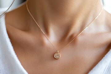 This image presents an intriguing golden medallion necklace captured in soft ambient light, enhancing its distinctive design and adding a warm atmospheric feel.