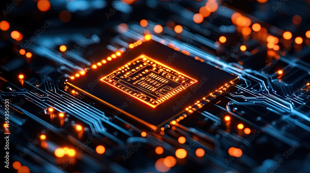 Wall mural close-up of a brightly lit computer chip on a circuit board. ideal for technology websites blogs and