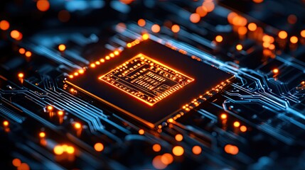 Close-up of a brightly lit computer chip on a circuit board. Ideal for technology websites blogs and social media showcasing hardware innovation.