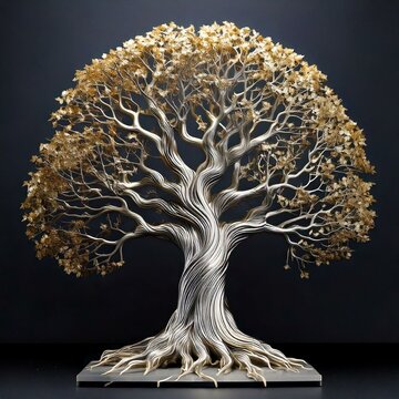 a silver/titanium and gold tree, black background