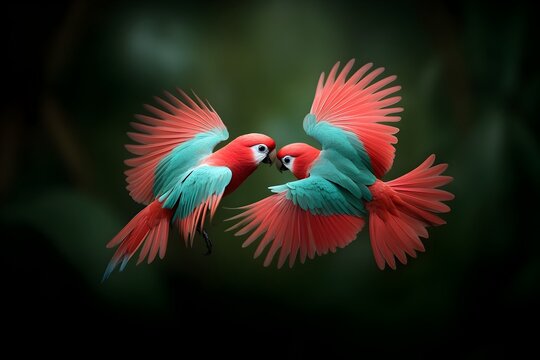 Captivating cinma vrit documentary photography of the intimate synchronized mating dance of a pair of resplendent tropical birds showcasing their stunning feathers in brilliant hues of azure jade