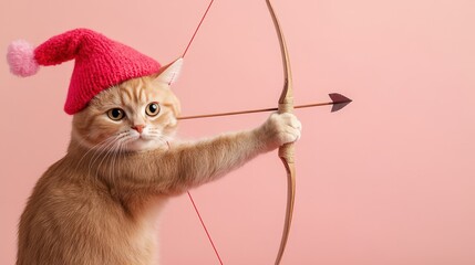 Adorable ginger cat wearing a hat aims a bow and arrow