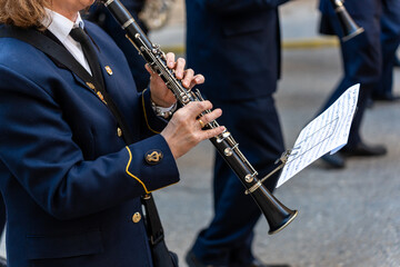 Band musicians with their instruments on the street. Typical music bands in Spain.