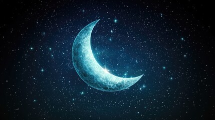 Fototapeta premium A vibrant crescent moon glows against a backdrop of twinkling stars. Ideal for celestial-themed designs, wallpapers, or social media posts.
