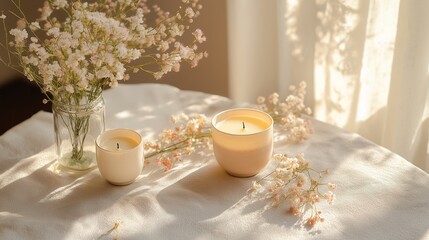 A minimalistic Valentine's Day setup featuring soy wax candles and herbal teas on a textured linen tablecloth, illuminated by soft golden hour light