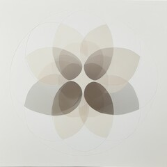 Abstract floral design with overlapping translucent petals in beige and brown shades on a light background.