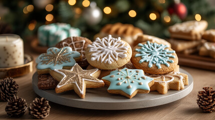 Festive cookies arranged on a decorative plate for winter celebrations