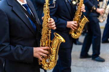 Fototapeta premium Band musicians with their instruments on the street. Typical music bands in Spain.