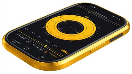 A gold smartphone showcases a futuristic heads-up display with advanced sensor data and navigation tools. Ideal for sci-fi enthusiasts and tech-savvy users.