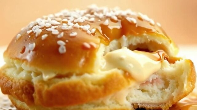 Caramel cronut with golden filling and sea salt, revealing crispy flakes against a golden beige background for a warm vibe