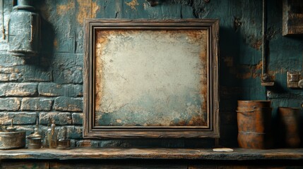 Rustic Vintage Wooden Frame Against Weathered Brick Wall