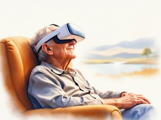 Fototapeta premium Senior man wearing a VR headset in a chair, creating a relaxed and immersive scene suitable for technology, healthcare or virtual experience designs.