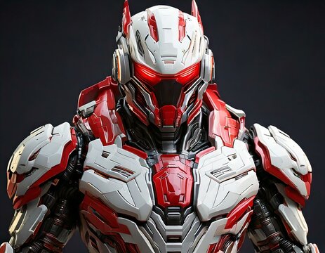 Futuristic robot, red and white, on a black background
