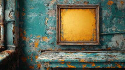 Aged Wooden Frame Against a Rustic Teal Wall