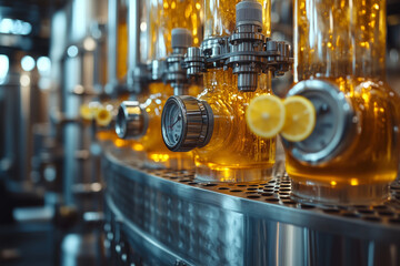 Craft distillery setting for limoncello production with vibrant citrus elements