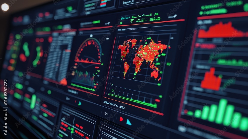 Poster a digital dashboard displaying various data visualizations, maps, and graphs, focusing on global sta