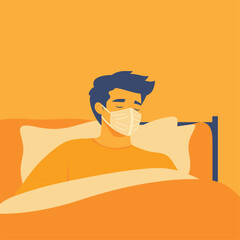 Ill person in bed, wearing a mask, orange background.